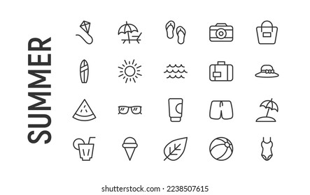 Vector set of summer thin line icons. Design of 20 stroke pictograms. Signs of summer isolated on a white background.