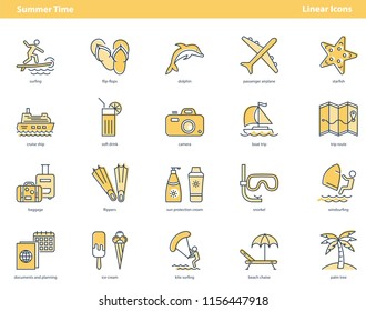 Vector set of summer time linear icons with words. Illustrations of swimming equipment, cruise ship, baggage, airplane, and food