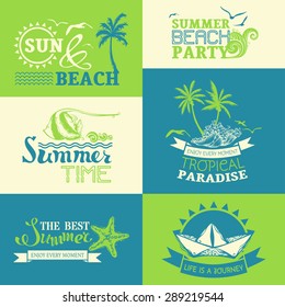 Vector set of summer and travel labels and symbols. Vacation emblems and logo templates on bright background. Summer Time / The Best Summer / Life is a Journey / Summer Beach Party / Sun and Beach.