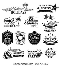 Vector set of summer and travel labels, emblems, symbols, badges and logo templates. Summer Holidays / The Best Summer / Hot Summer Tours / Welcome Aboard / Summer Vacation / Summer Beach Party.