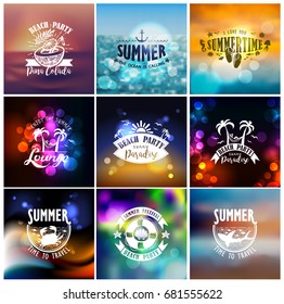 Vektorgrafik von Reise- und Urlaubsdesigns auf unscharfem Hintergrund für Logo, Poster, T-Shirt, Label, Aufkleber und jedes Vintage-Design mit Sommerthema.