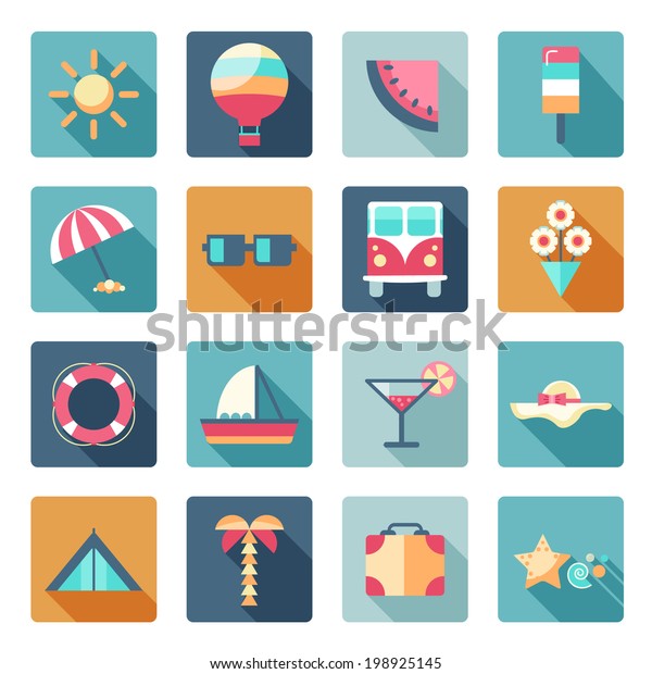 vector set of summer, traveling icons with\
shadows. Flat modern style, can use it for web, phone. Traveling on\
air balloon, planning a summer vacation, tourism and journey\
objects, passenger\
luggage.