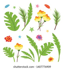 Vector set of summer tropical leaves, flowers. Bright forest leaves and flowers. Palm tree, fern. Abstract set of plants. Vector image. Isolated elements collection for decor on the white background.