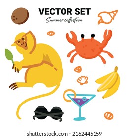 Conjunto de vectores de artículos de vacaciones tropicales de verano. Vacaciones en el hotel y en la naturaleza.