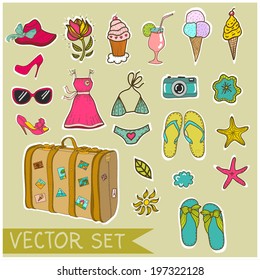 Vector set of summer vacation. Vector set of summer beach.