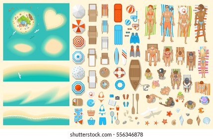 Vector set. Summer vacation. Beach, island, furniture, objects, people. (Top view) Men and women, young and old, different poses. (View from above) 