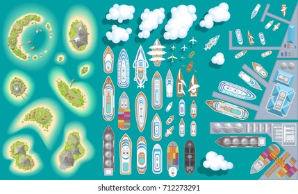 Vector set. Summer vacation. Islands, ships, ports. (top view) Time to travel - sun, sea, island, sand, yacht, airplane, clouds. (view from above)