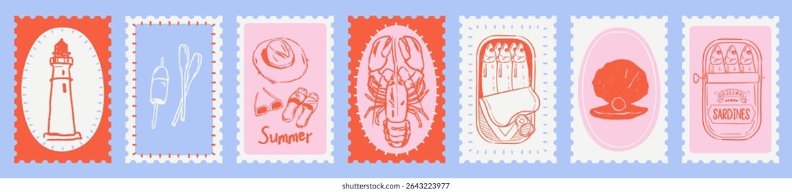  Vector set of summer vacation postcard print. Hand drawn beach elements, travel postage stamps, tropical holiday symbols. Vintage Italy frame wall art illustration. Lobster, sardines, lighthouse, sea