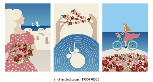 Vector Set Summer vacation theme and inspiration.  Beautiful girl rides a bicycle on a white-stone island drowning in flowers, Girl in a wide-brimmed blue hat.  Abstract place, village  in Santorini, 