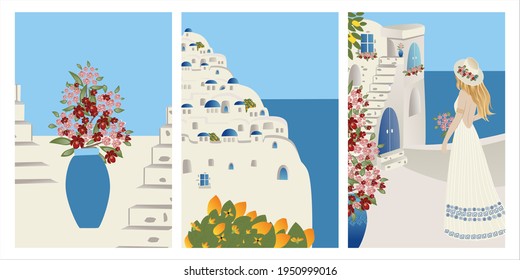 Vector Set Summer vacation theme and inspiration. Beautiful girl tourist and abstract place, village  in Santorini, Spain, Greece and Italy. Travel Vector illustrations and design