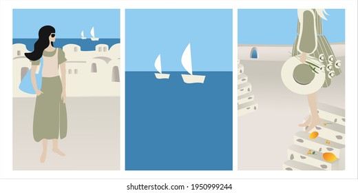 Vector Set Summer vacation theme and inspiration. Beautiful girls tourists and abstract place, village  in Santorini, Spain, Greece and Italy. Travel Vector illustrations and design