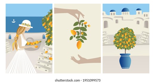 Vector Set Summer vacation theme and inspiration. Beautiful girl collects lemons from the tree into a basket.  Abstract place, village  in Santorini, Spain, Greece and Italy. Travel Vector illustratio