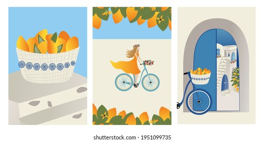 Vector Set Summer vacation theme and inspiration. Beautiful girl tourist and lemons in abstract place, village  in Santorini, Spain, Greece and Italy. Travel Vector illustrations and design