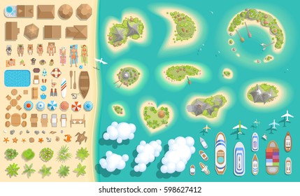 Vector Set. Summer Vacation. Tropical Islands. (top View) Time To Travel - Sun, Sea, Island, Sand, Yacht, Airplane, People, Furniture, Palm Trees, Clouds. (view From Above)