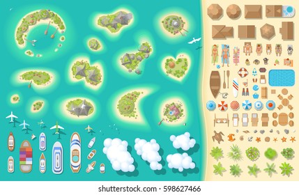 Vector set. Summer vacation. Tropical islands. (top view) Time to travel - sun, sea, island, sand, yacht, airplane, people, furniture, palm trees, clouds. (view from above)
