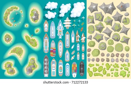 Vector set. Summer vacation. Tropical islands and ships. (top view) Time to travel - sun, sea, island, sand, yacht, airplane, clouds. (view from above)