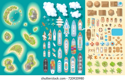 Vector set. Summer vacation. Tropical islands and ships. (top view) Time to travel - sun, sea, island, sand, yacht, airplane, people, furniture, palm trees, clouds. (view from above)