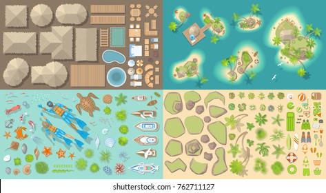 Vector set. Summer vacation. Tropical islands. (top view) Diving set. (view from above)