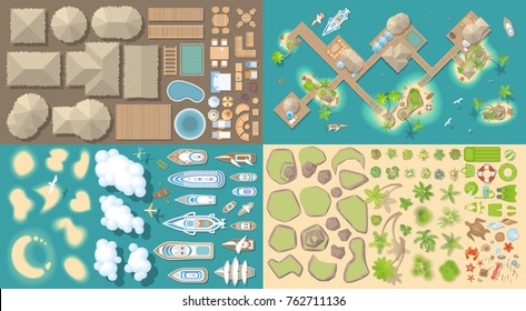 Vector set. Summer vacation. Tropical islands. (top view) Bungalows, Islands, yachts, palm trees, furniture, rocks, flowers. (view from above)