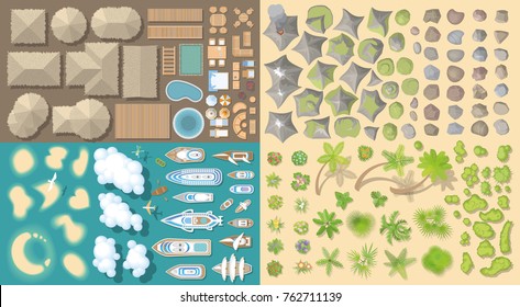 Vector set. Summer vacation. Tropical islands. (top view) Bungalows, Islands, yachts, palm trees, furniture, rocks, flowers. (view from above)