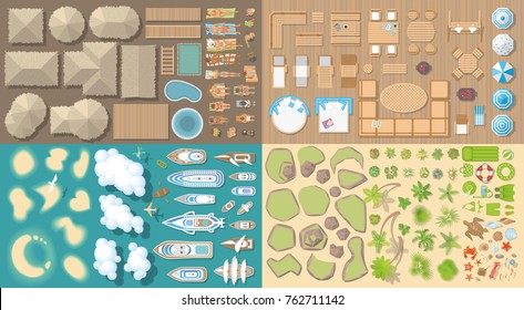 Vector set. Summer vacation. Tropical islands. (top view) Bungalows, Islands, yachts, palm trees, furniture, rocks, flowers. (view from above)