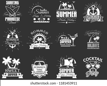 Vector Set Of Summertime Emblems, Badges, Labels, Logo In Retro Style. Vintage Chalkboard Summer Beach Holidays Symbols, Icons, Typography Design Elements.