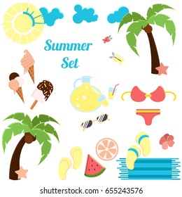 Vector set of summertime equipment. Flat style design. For site and icons