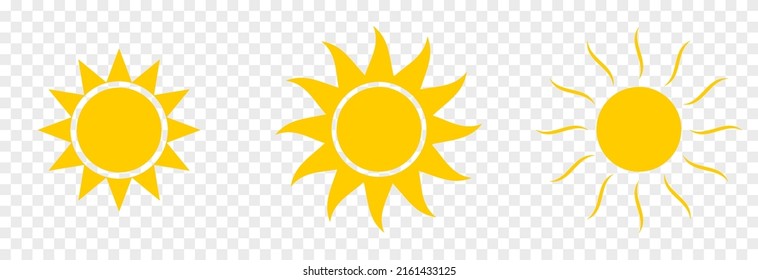 Vector set of sun icon on isolated transparent background. PNG sun icons. Cartoon yellow sun icons.