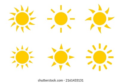 Vector set of sun icon on isolated transparent background. PNG sun icons. Cartoon yellow sun icons.