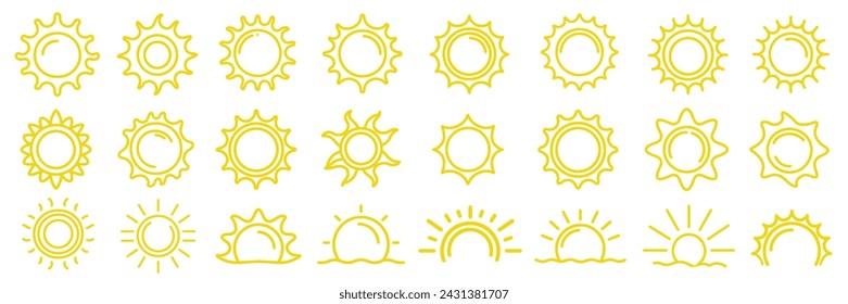 	
Vector set of sun icon on isolated transparent background. Summer, sunlight sky.	
