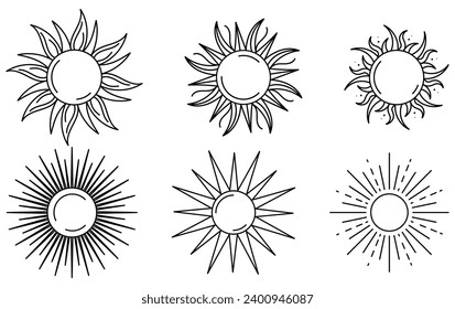 Vector set of sun, line art sun, boho style sun set
