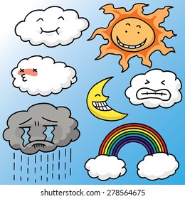 vector set of sun, moon, cloud and rainbow