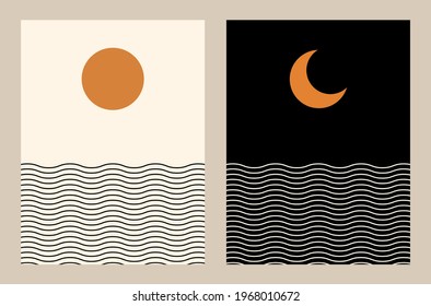 Vector set with sun and moon. Contemporary  geometric compositions.  Boho wall decor. Mid century art print.