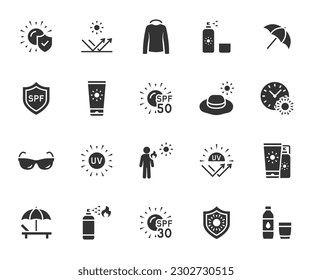 Conjunto vectorial de iconos planos de protección solar. Contiene iconos protector solar, ultravioleta, gafas de sol, protección de spf, paraguas, quemaduras solares, sombrero solar, tumbonas y más. Pixel perfecto.