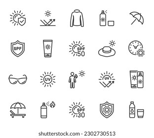Vector set of sun protection line icons. Contains icons sunscreen, ultraviolet, sunglasses, spf protection, umbrella, sunburn, sun hat, beach lounger and more. Pixel perfect.