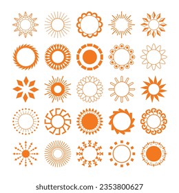 Juego de vectores de iconos de sol y de rotura de sol. Colección de dibujo de sol de diferentes tipos. Concepto de figura de verano. Juego de iconos.