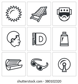 Vector Set of Sun Tanning Icons. Sun, Lounger, Sunstroke, African, Vitamin D, Tan, Solarium, Sunglasses, Stikine. Light, Furniture, Patient, Man, Tubes, Equipment for tanning, Accessory, sticker.