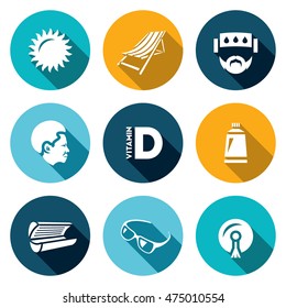 Vector Set of Sun Tanning Icons. Sun, Lounger, Sunstroke, African, Vitamin D, Tan, Solarium, Sunglasses, Stikine.