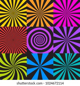 Vector set of sunburst and spiral backgrounds. Abstract seamless pattern in retro comic style. Radial rays of different size and cilir, circular light beams, psychedelic spirals. Hypnotic effect. 