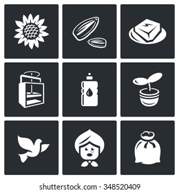 Vector Set Of Sunflower Icons. Flower, Seed, Halva, Press, Oil, Seedling, Dove, Grandmother, Sack. Plant, Husk, Product, Equipment, Bottle, Escape, Bird, Old Woman, Bag