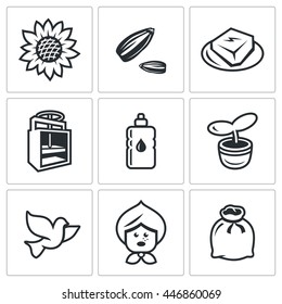 Vector Set Of Sunflower Icons. Flower, Seed, Halva, Press, Oil, Seedling, Dove, Grandmother, Sack. Plant, Husk, Product, Equipment, Bottle, Escape, Bird, Old Woman, Bag