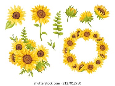 
Vector set of sunflowers. Wreath, elements, and composition of flowers.