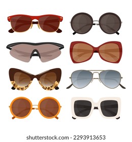 Vector set of sunglasses in different shapes on a white background. Eye protection from the sun.