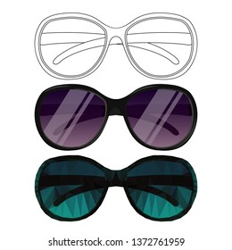 Vector Set of Sunglasses in Different Style. Drawing of Eyeglasses in Line Art Style. Black Outline Drawing of Glasses isolated on White Background. Colorful and Realistic Concept of Summer Object
