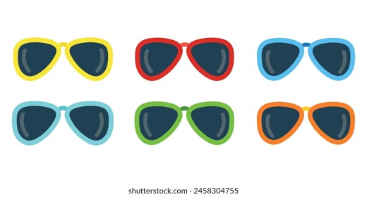 Vector set of sunglasses. Fashionable glasses with plastic frames. Collection of flat vector illustrations of fashion sun accessories eye protection