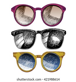 Vector Set Of Sunglasses. Trendy Hipster Sunglasses, Yellow And Rose Round Glasses, Black Monochrome  Wifier. Summer Protection Accessory.