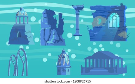 Conjunto vectorial de ruinas hundidas de la antigua ciudad. Antiguo pabellón, rotunda, columnas, arcos, puertas, torres, acrópolis, pared con ventana.