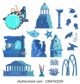 Conjunto vectorial de ruinas hundidas de la ciudad antigua, submarinos, animales submarinos y siluetas de plantas. Antiguo pabellón, rotunda, columnas, arcos, puertas, torres, acrópolis, pared con ventana. 