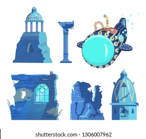 Vector set of sunken ruins of ancient city and submarine. Ancient pavilion ,rotunda,  columns, towers, wall with window, rocks. 