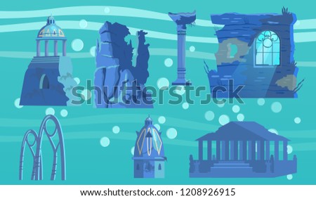 Vector set of sunken ruins of ancient city. Ancient pavilion ,rotunda,  columns, archs, gates, towers, acropolis, wall with window.